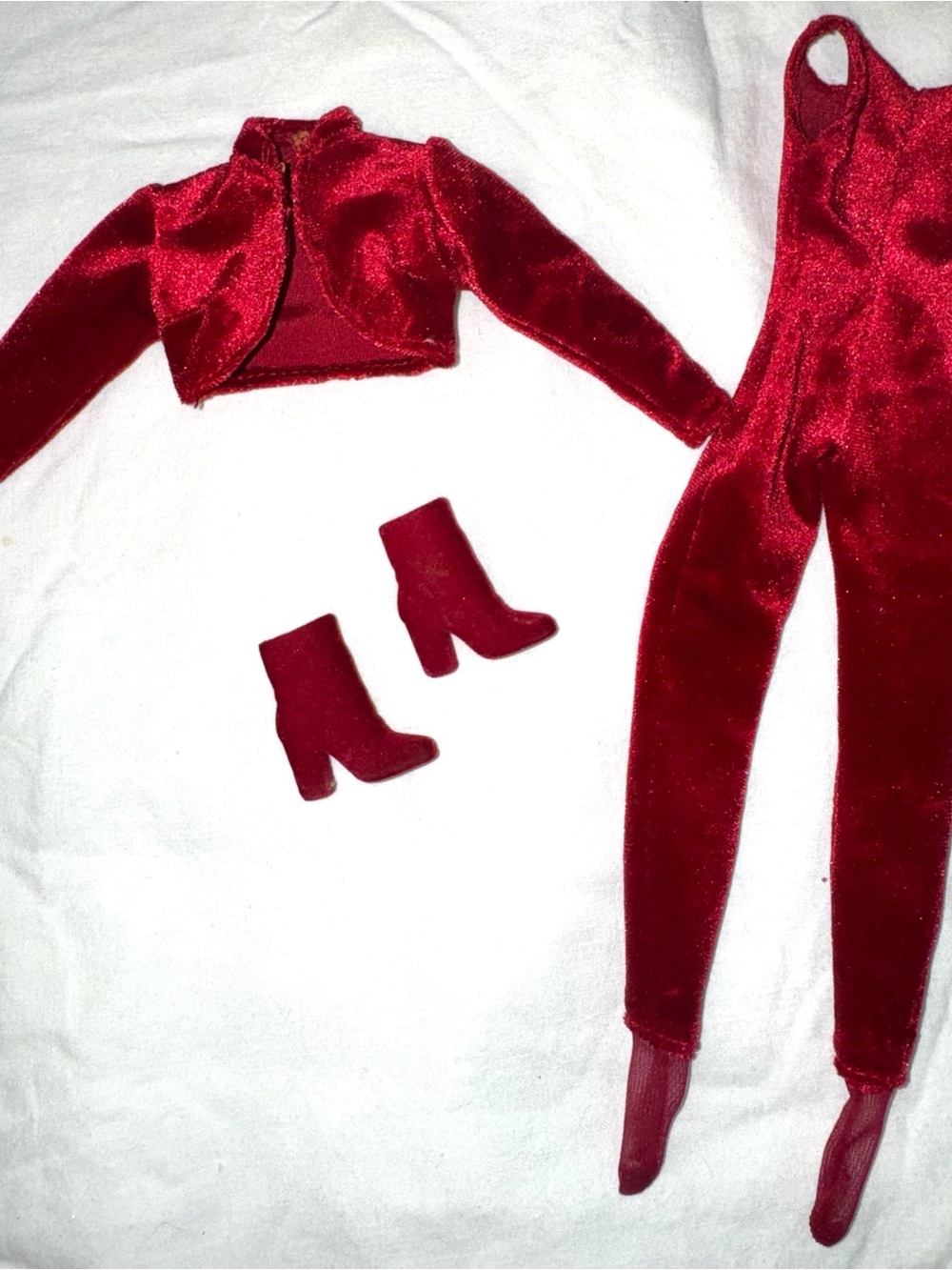 Vintage 1998 very velvet Barbie outfit jumpsuit, boots, Bolero jacket